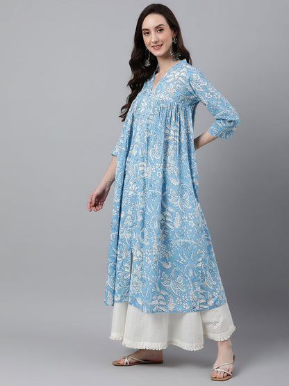 Sky Blue Cotton Floral Print Flared Kurta Janasya