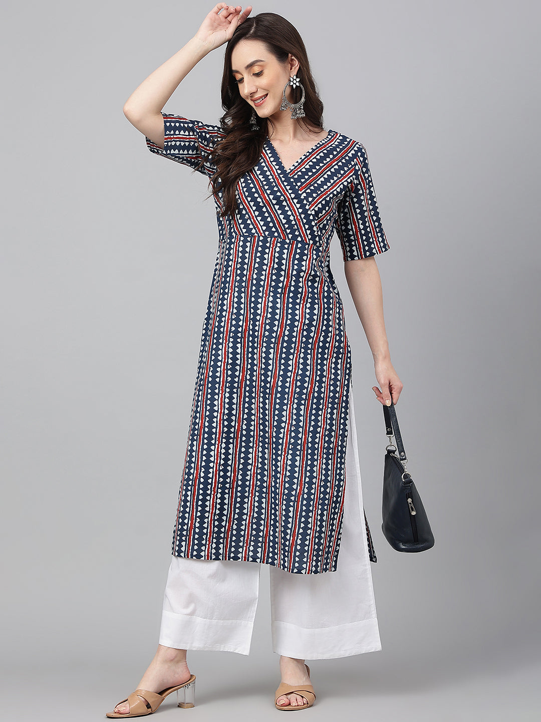 Navy Blue Cotton Geometric Straight Kurta Janasya
