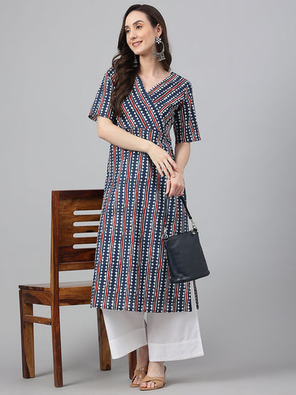 Navy Blue Cotton Geometric Straight Kurta Janasya