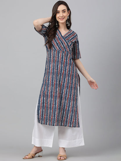 Navy Blue Cotton Geometric Straight Kurta Janasya