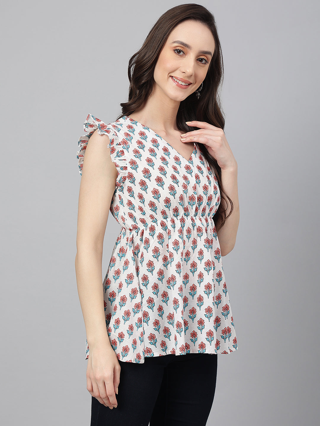 White Cotton Floral Print Flared Top Janasya