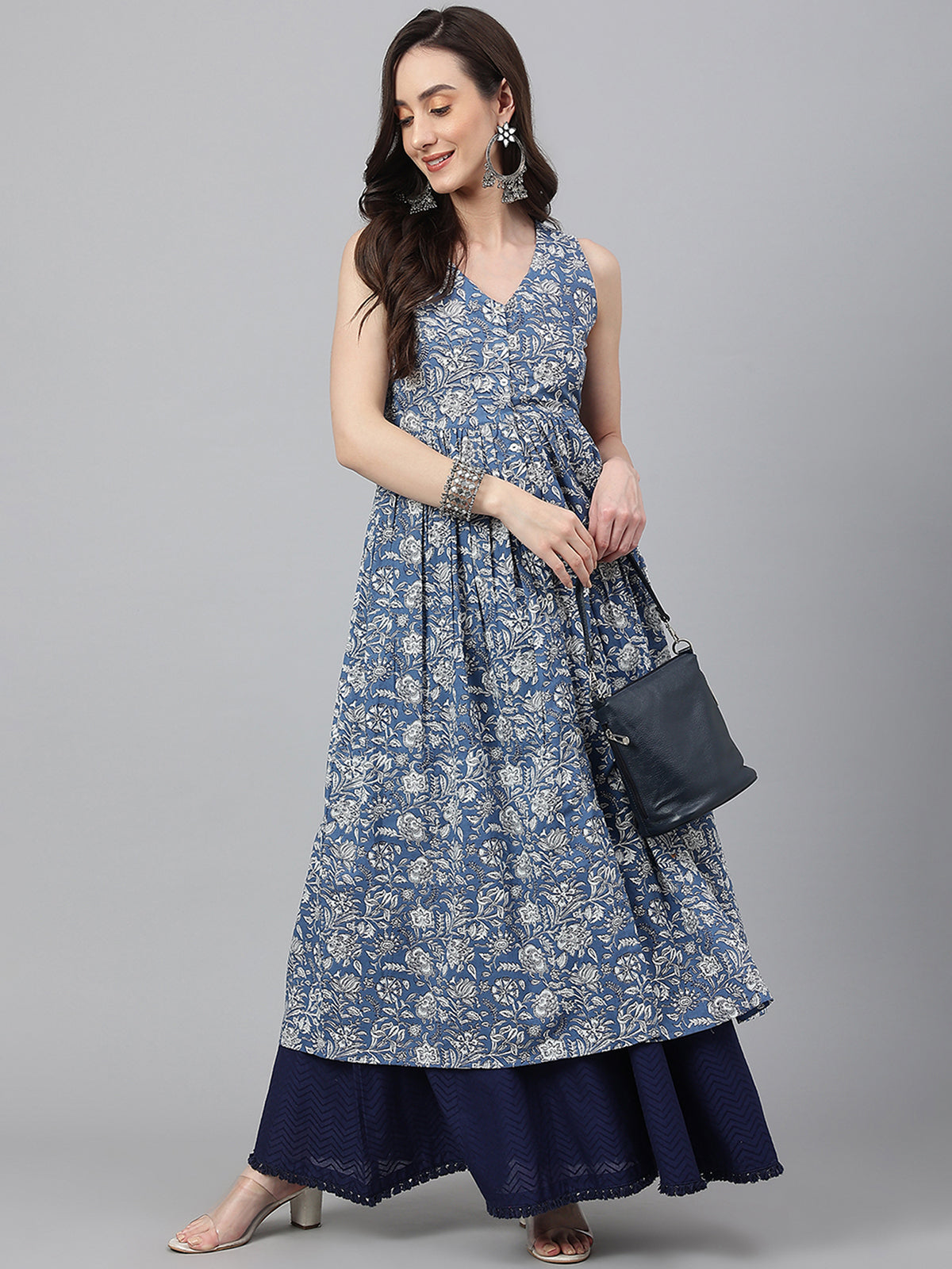 Blue Cotton Floral Print Flared Kurta Janasya