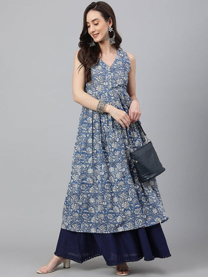 Blue Cotton Floral Print Flared Kurta Janasya