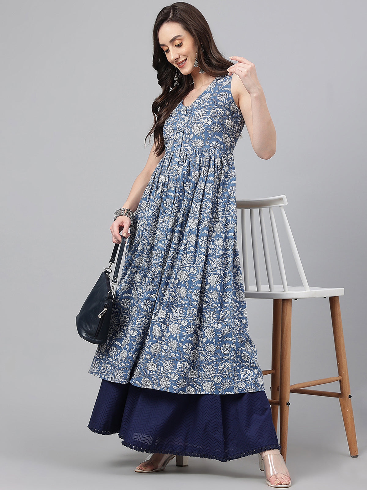 Blue Cotton Floral Print Flared Kurta Janasya