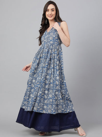 Blue Cotton Floral Print Flared Kurta Janasya