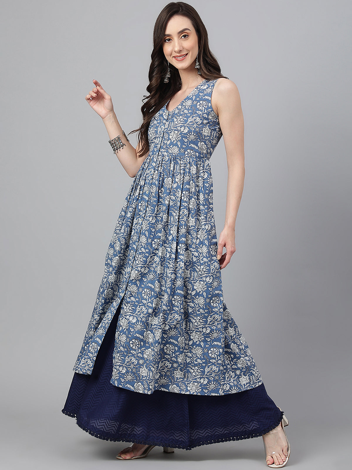 Blue Cotton Floral Print Flared Kurta Janasya