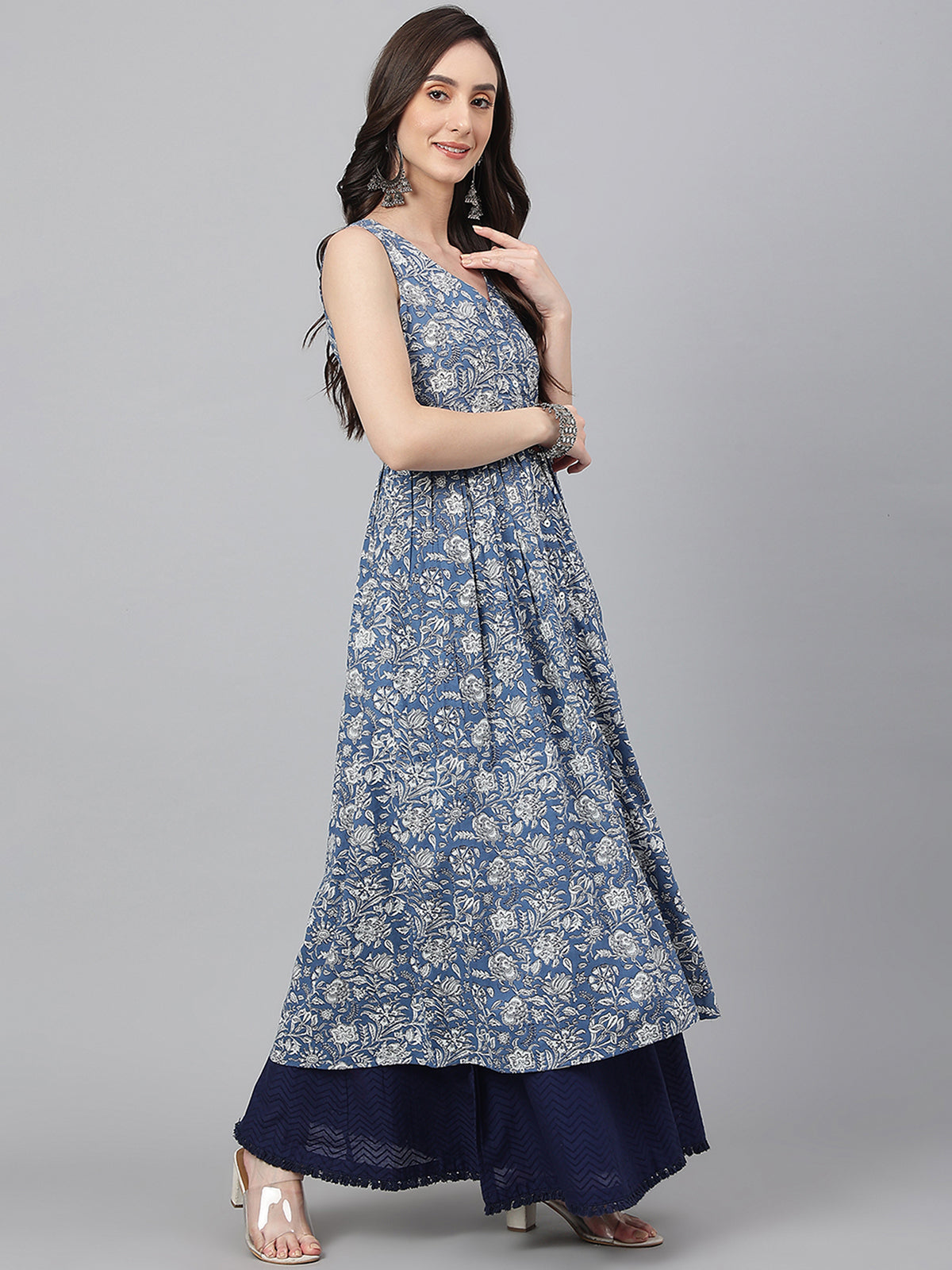 Blue Cotton Floral Print Flared Kurta Janasya