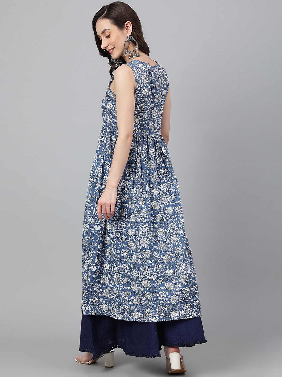 Blue Cotton Floral Print Flared Kurta Janasya