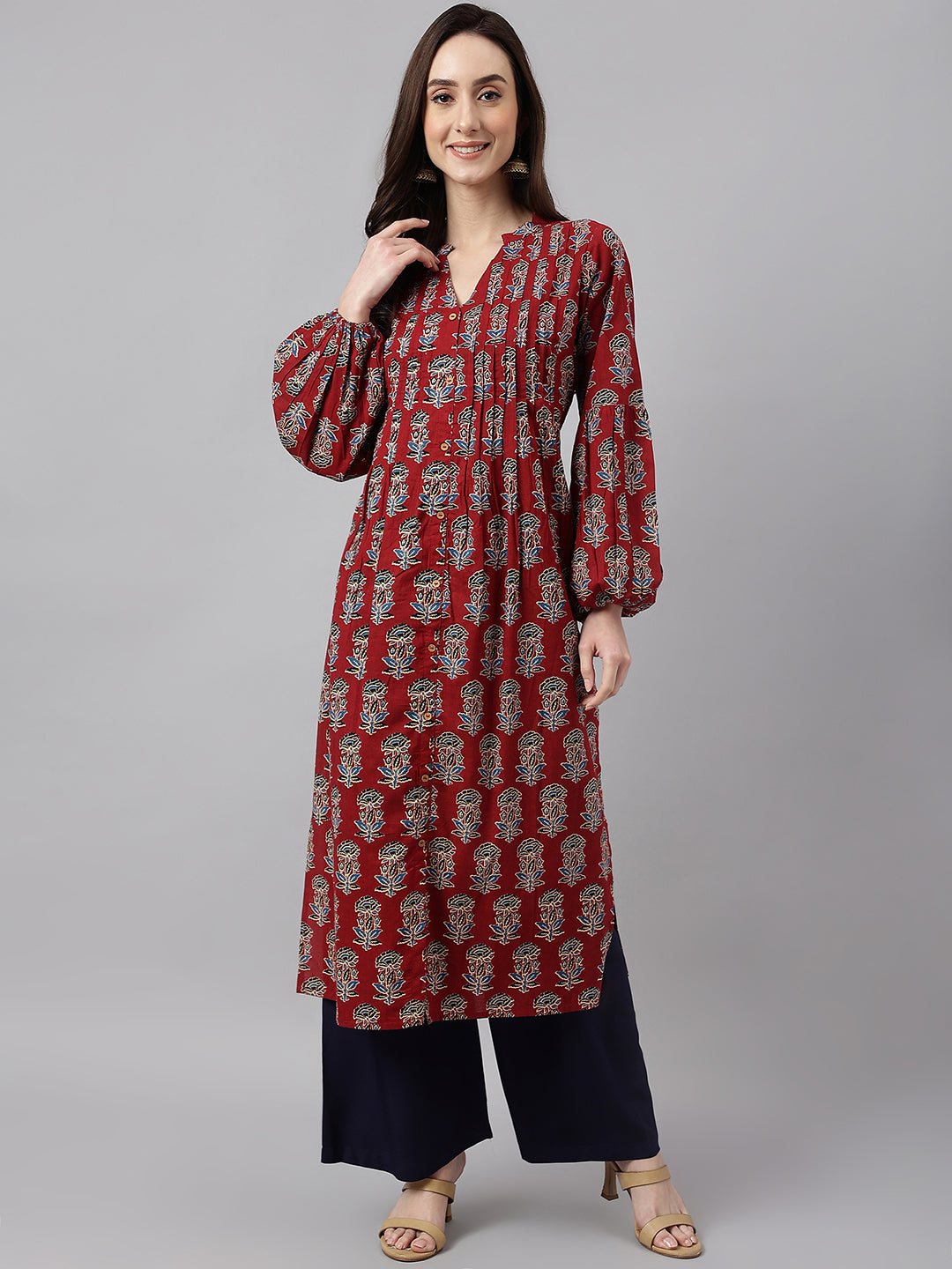 Women's Maroon Cotton Floral Print Flared Kurta