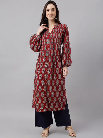 Women's Maroon Cotton Floral Print Flared Kurta