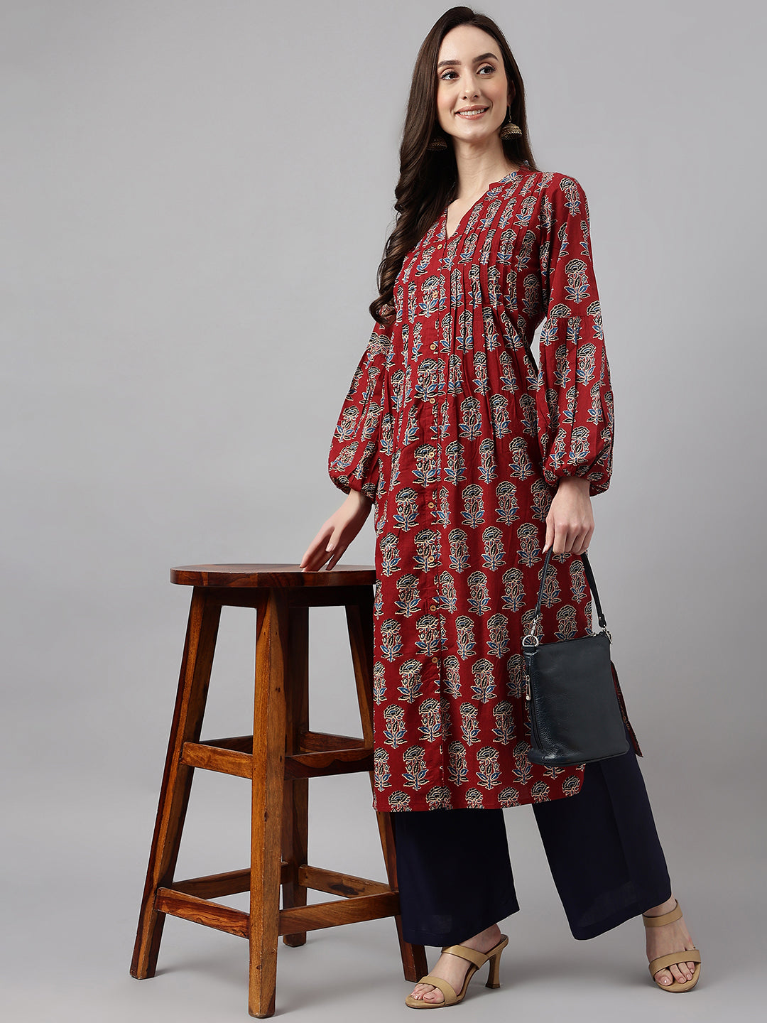 Women's Maroon Cotton Floral Print Flared Kurta