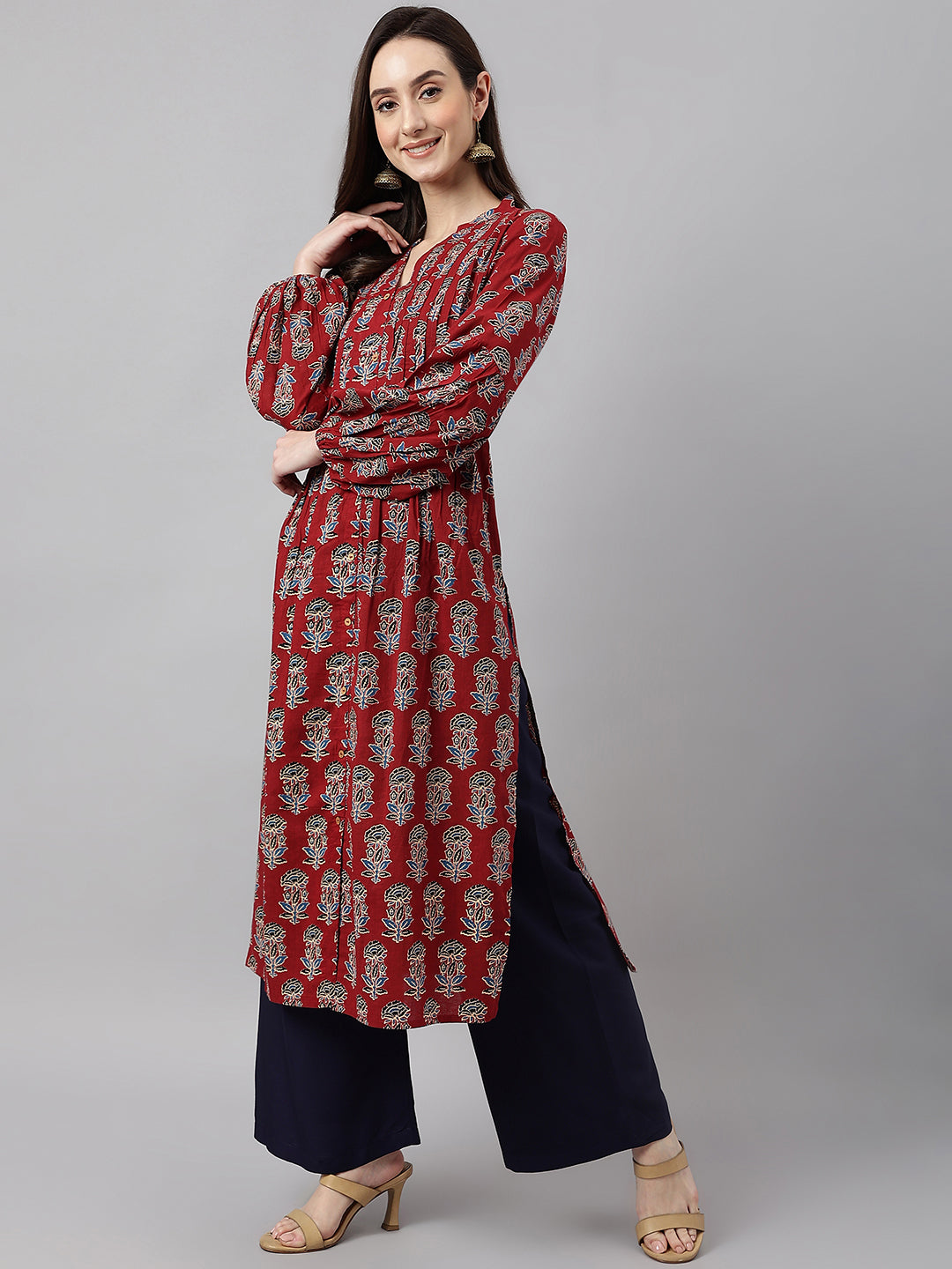 Women's Maroon Cotton Floral Print Flared Kurta