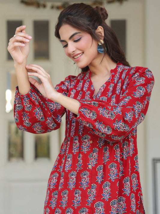 Maroon Cotton Floral Print Flared Kurta