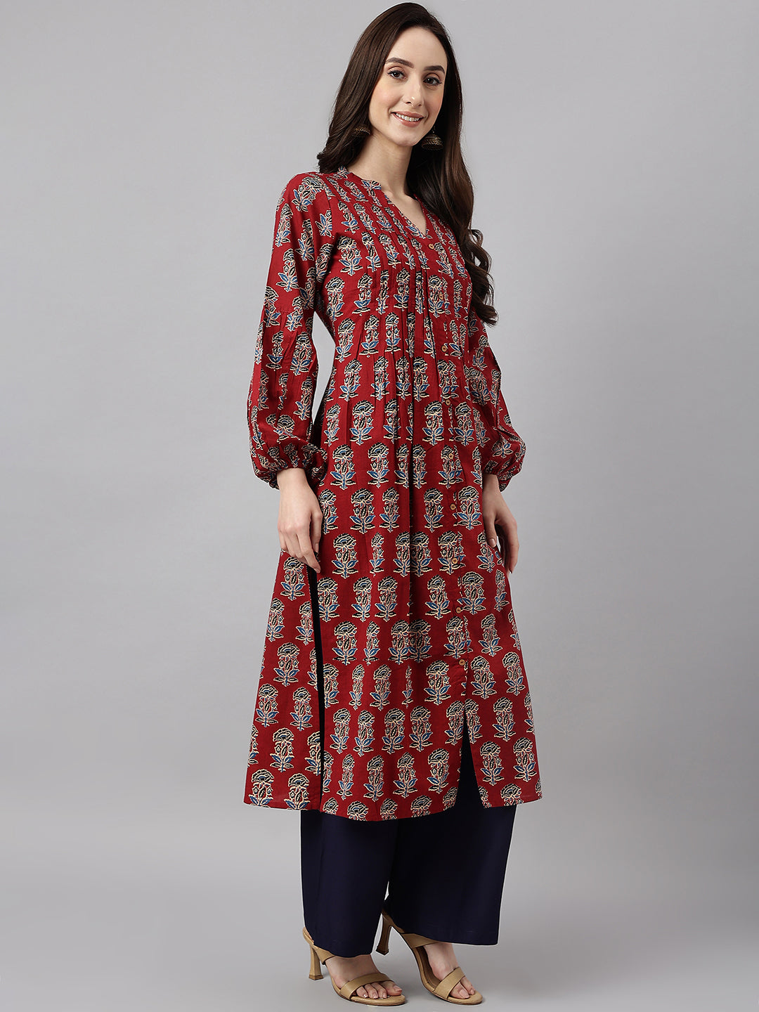Women's Maroon Cotton Floral Print Flared Kurta