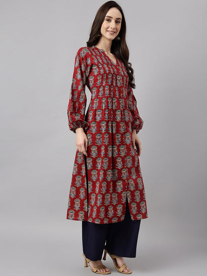 Women's Maroon Cotton Floral Print Flared Kurta