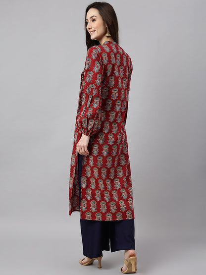 Women's Maroon Cotton Floral Print Flared Kurta