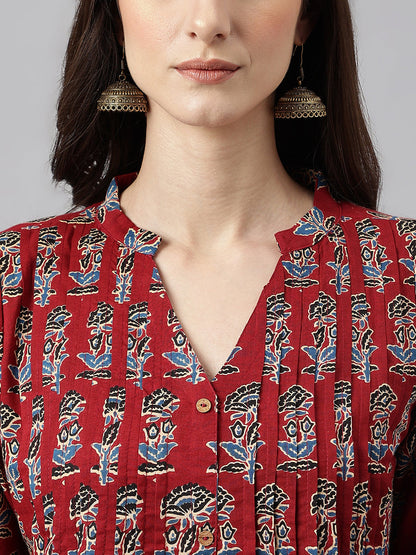 Women's Maroon Cotton Floral Print Flared Kurta