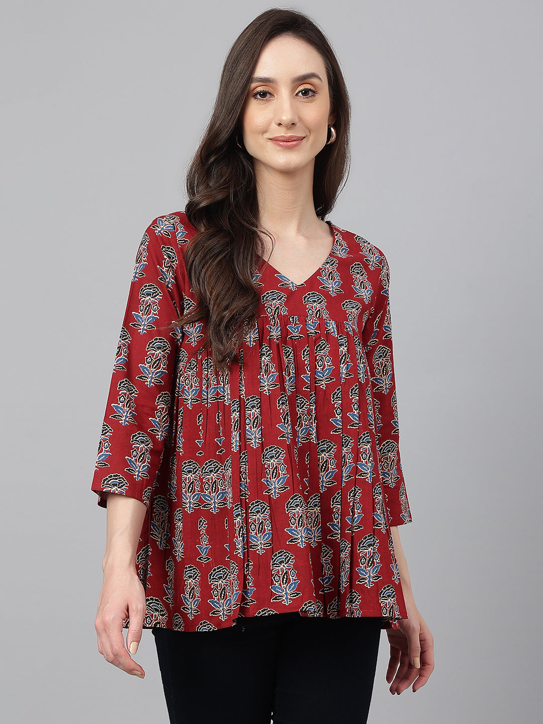 Maroon Cotton Floral Block Print Flared Top Janasya