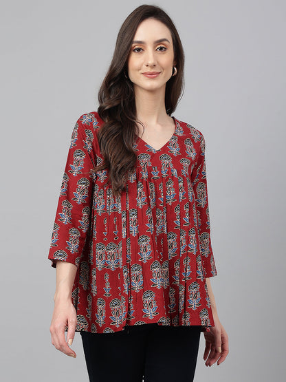 Maroon Cotton Floral Block Print Flared Top Janasya