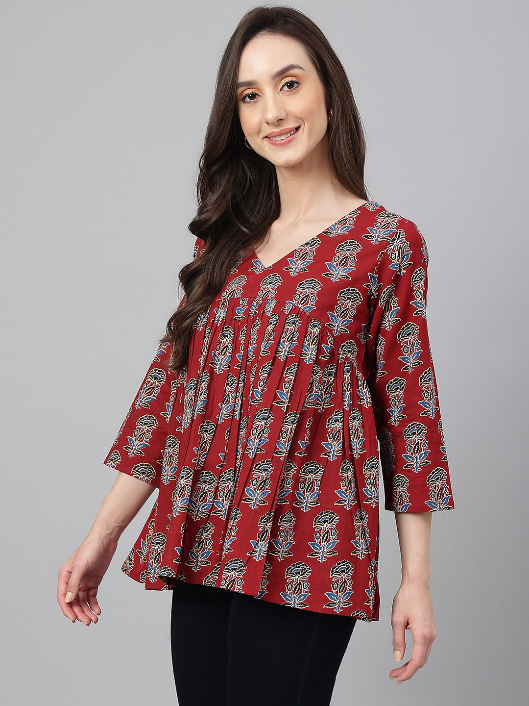 Maroon Cotton Floral Block Print Flared Top Janasya