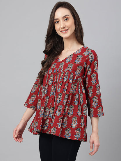 Maroon Cotton Floral Block Print Flared Top Janasya