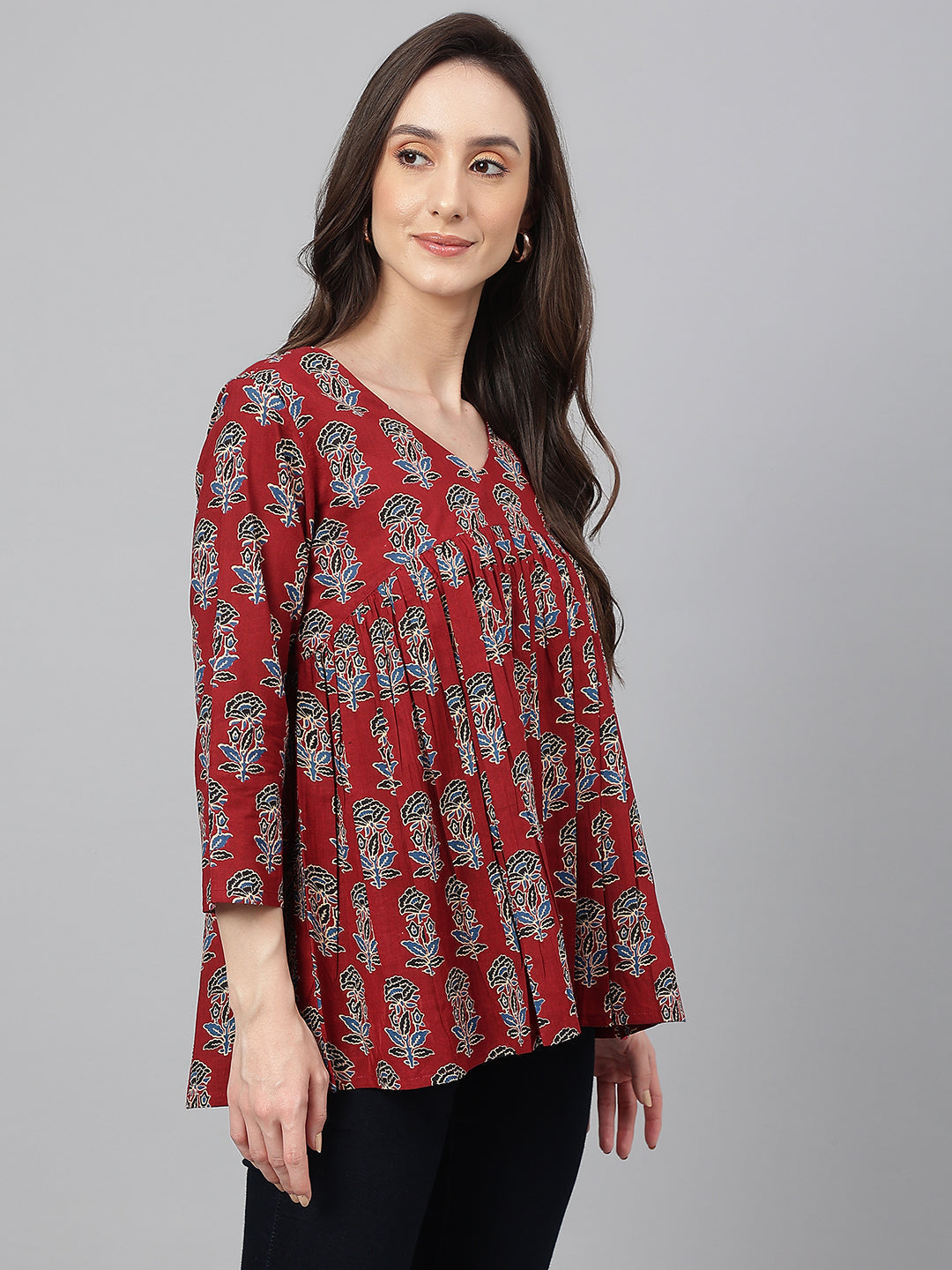 Maroon Cotton Floral Block Print Flared Top Janasya