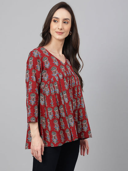 Maroon Cotton Floral Block Print Flared Top Janasya