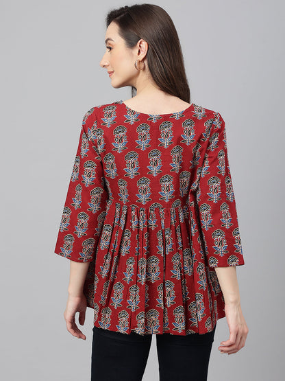 Maroon Cotton Floral Block Print Flared Top Janasya