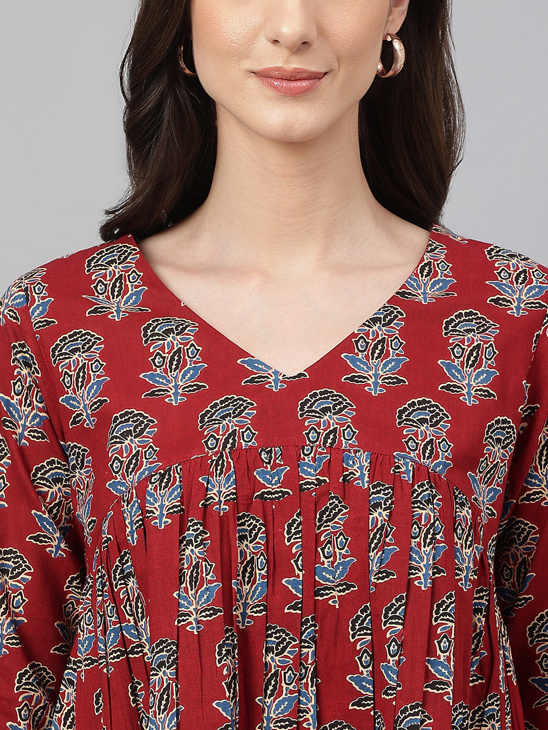 Maroon Cotton Floral Block Print Flared Top Janasya
