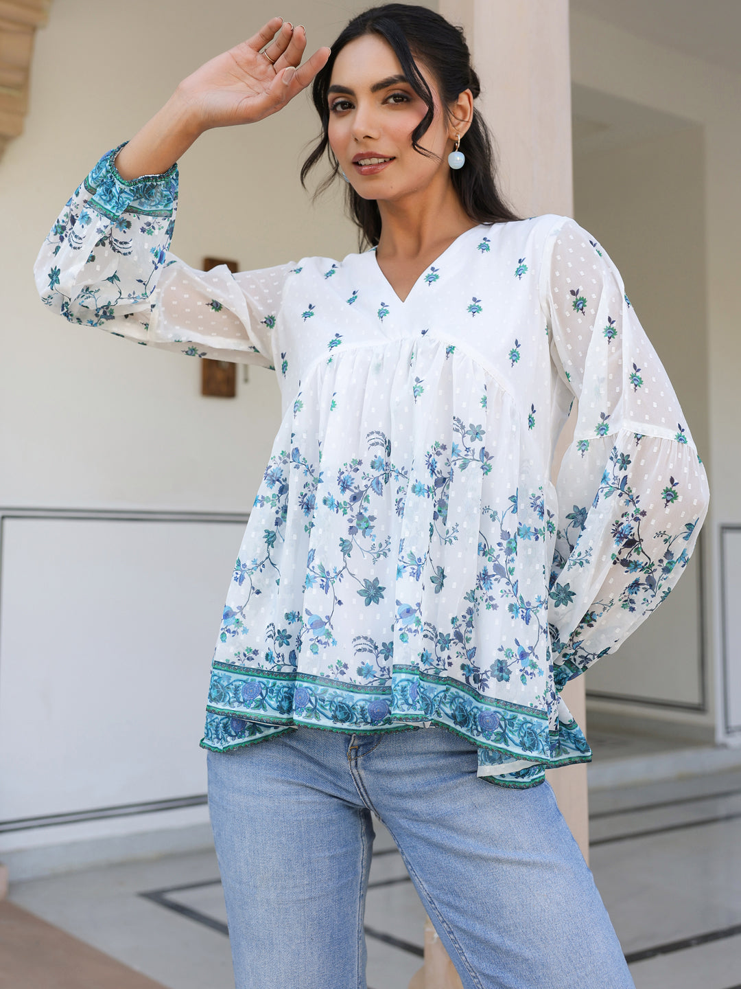 White Georgette Digital Print Flared Top