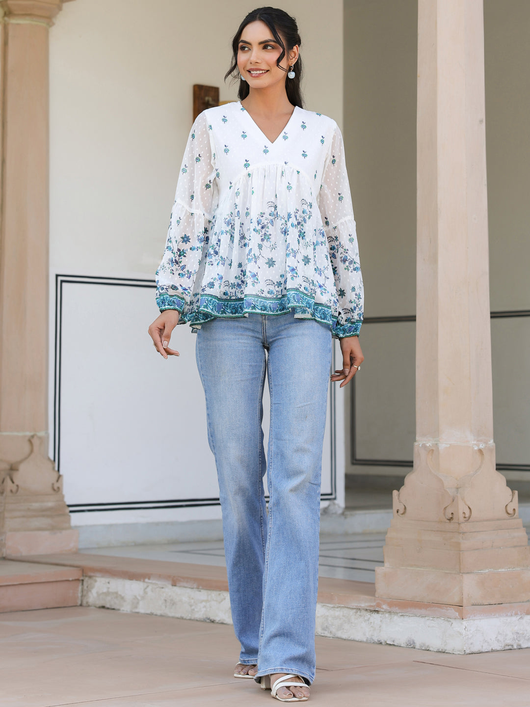 White Georgette Digital Print Flared Top