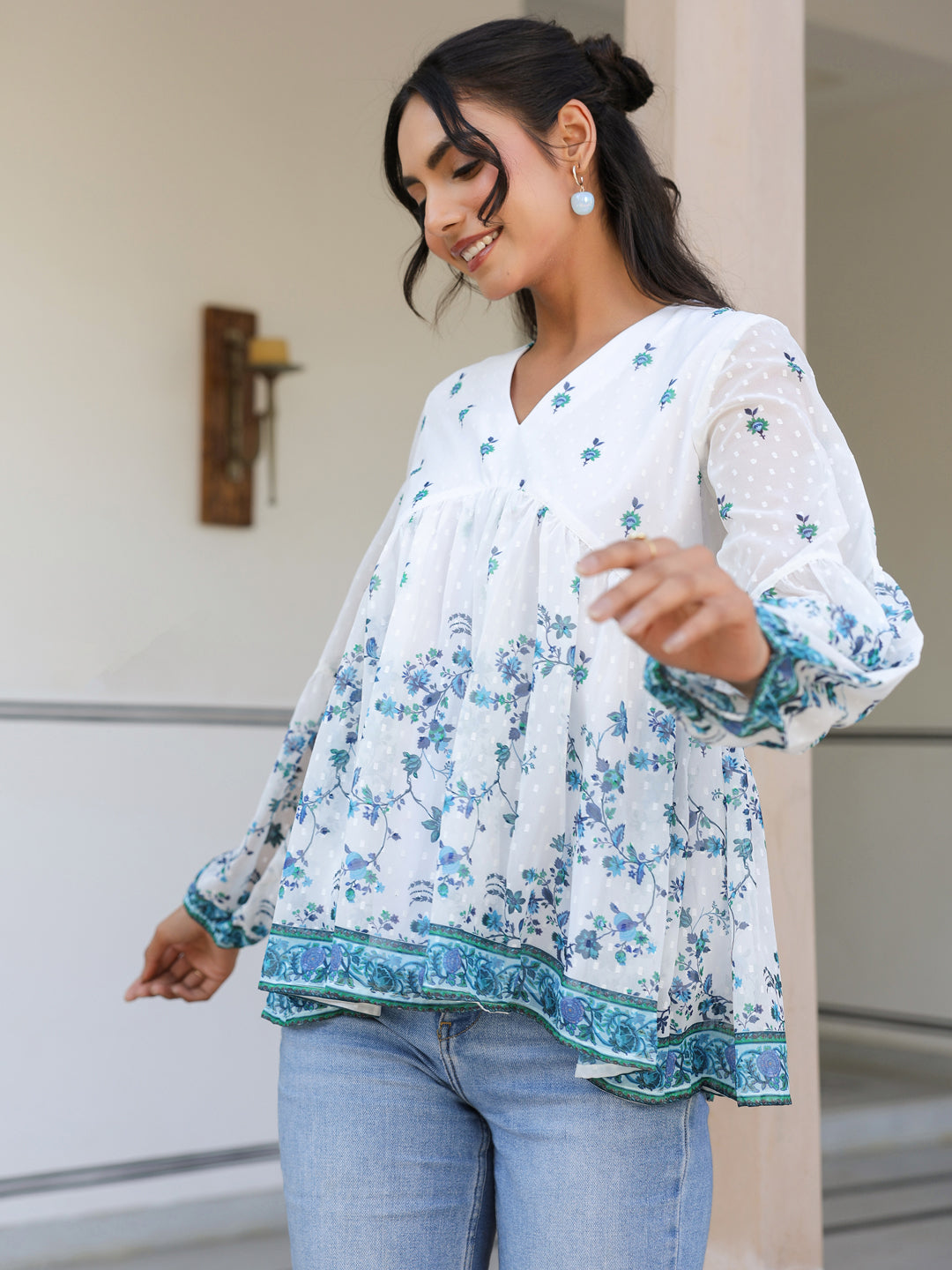 White Georgette Digital Print Flared Top