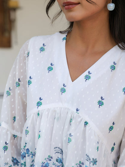White Georgette Digital Print Flared Top