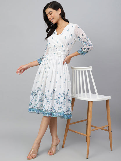 White Georgette Digital Print Flared Western Dress Janasya