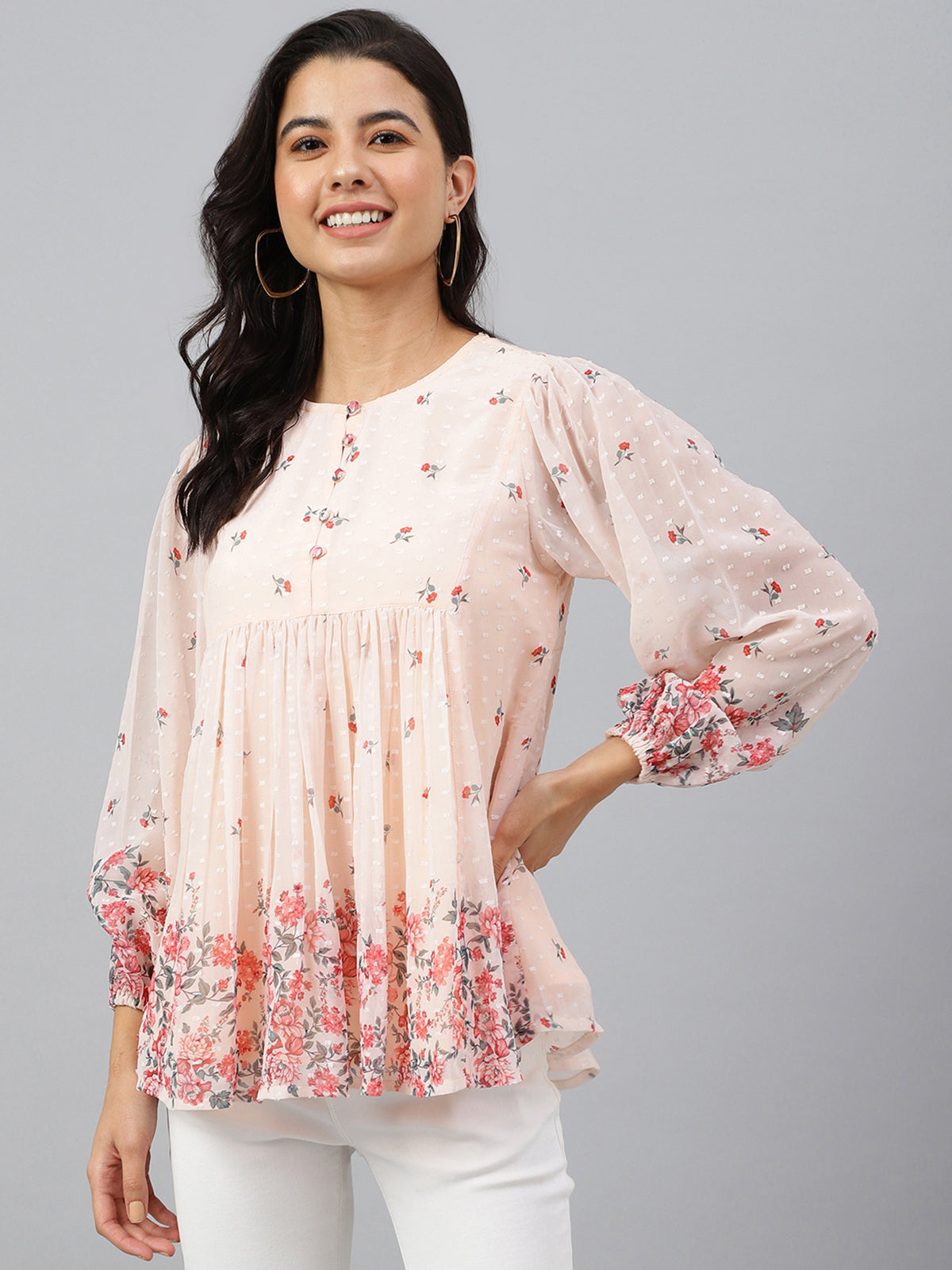 Peach Georgette Floral Print Flared Top Janasya