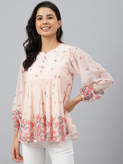 Peach Georgette Floral Print Flared Top Janasya