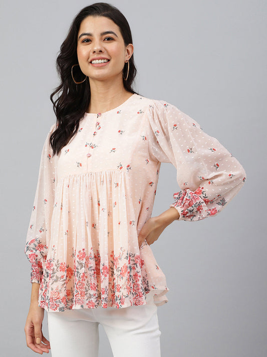 Peach Georgette Floral Print Flared Top Janasya