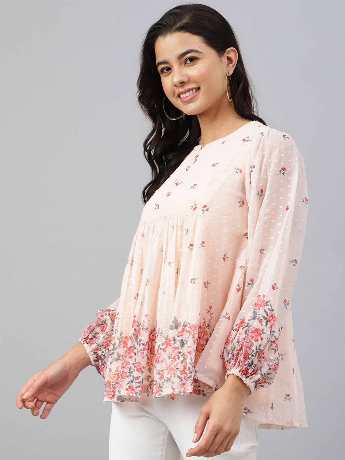 Peach Georgette Floral Print Flared Top Janasya