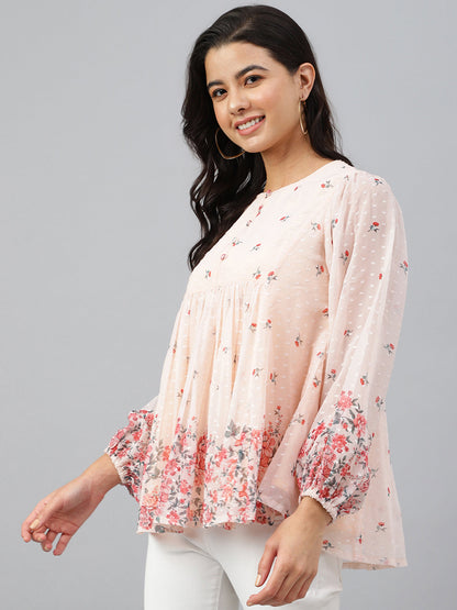 Peach Georgette Floral Print Flared Top Janasya