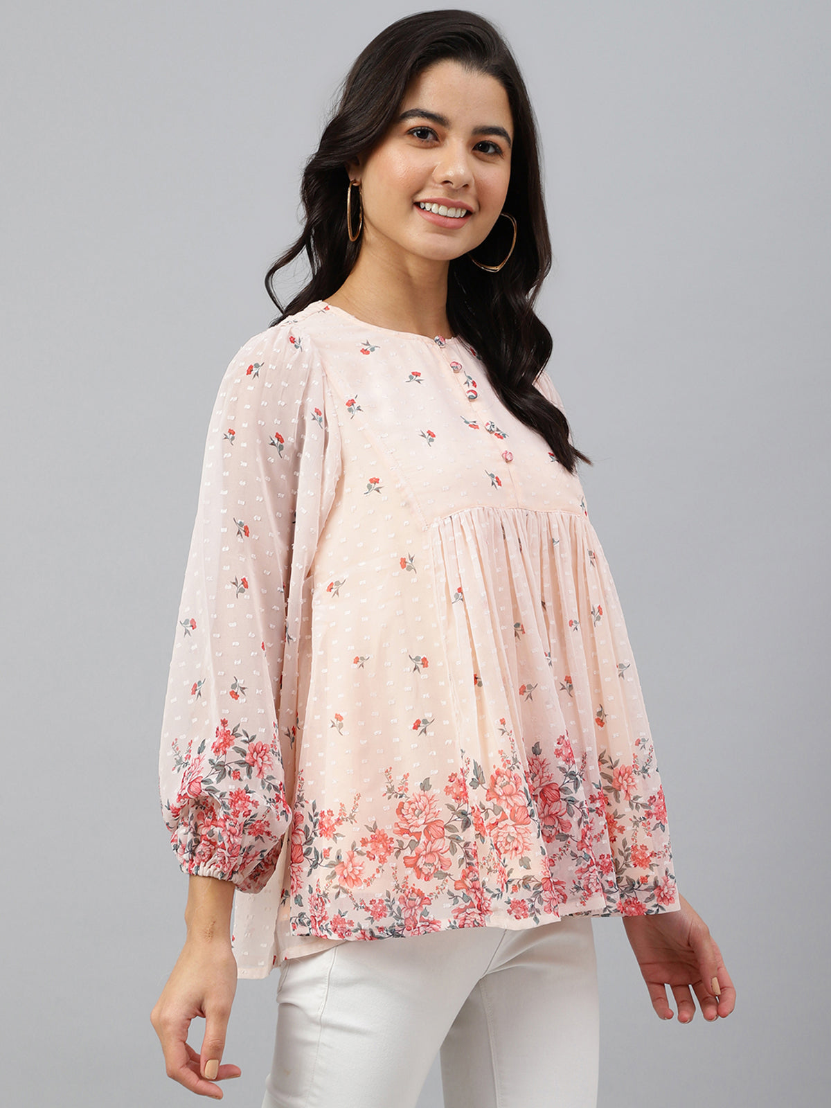 Peach Georgette Floral Print Flared Top Janasya