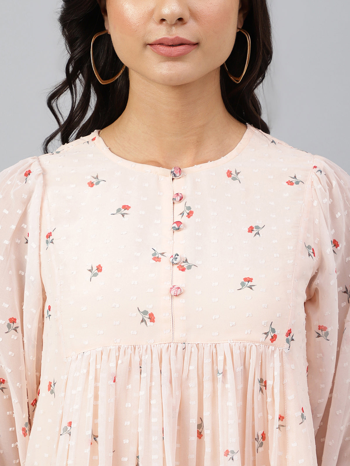 Peach Georgette Floral Print Flared Top Janasya