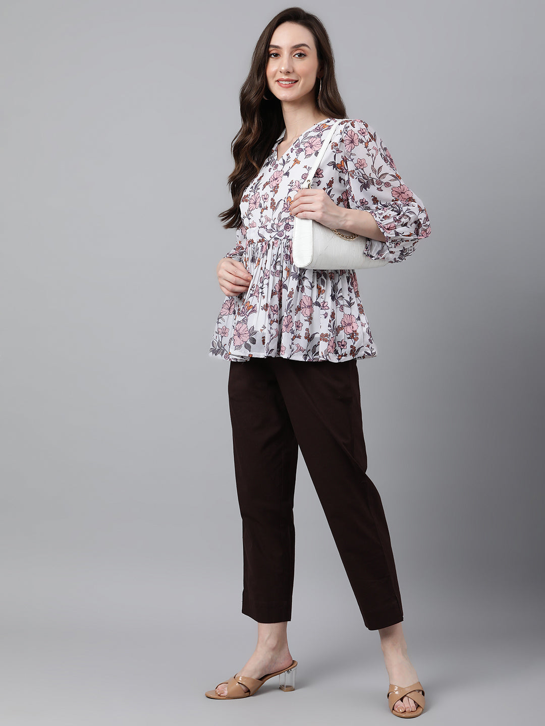 White Georgette Floral Print Peplum Top Janasya