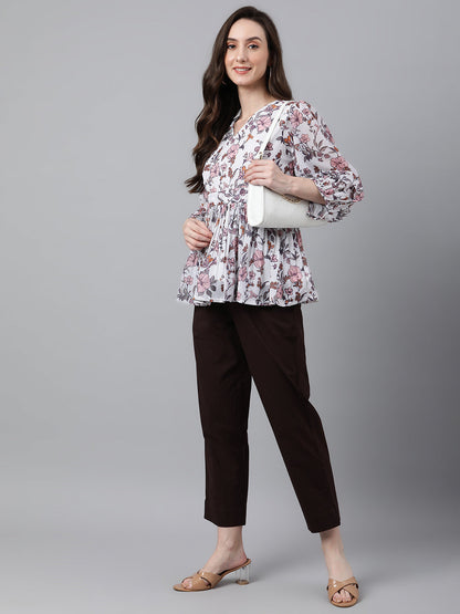 White Georgette Floral Print Peplum Top Janasya