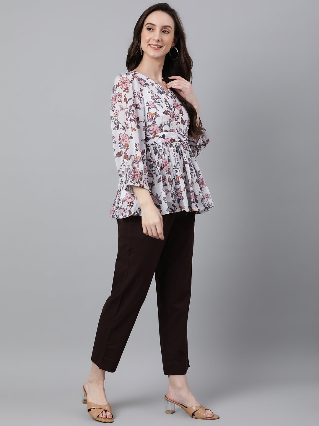 White Georgette Floral Print Peplum Top Janasya