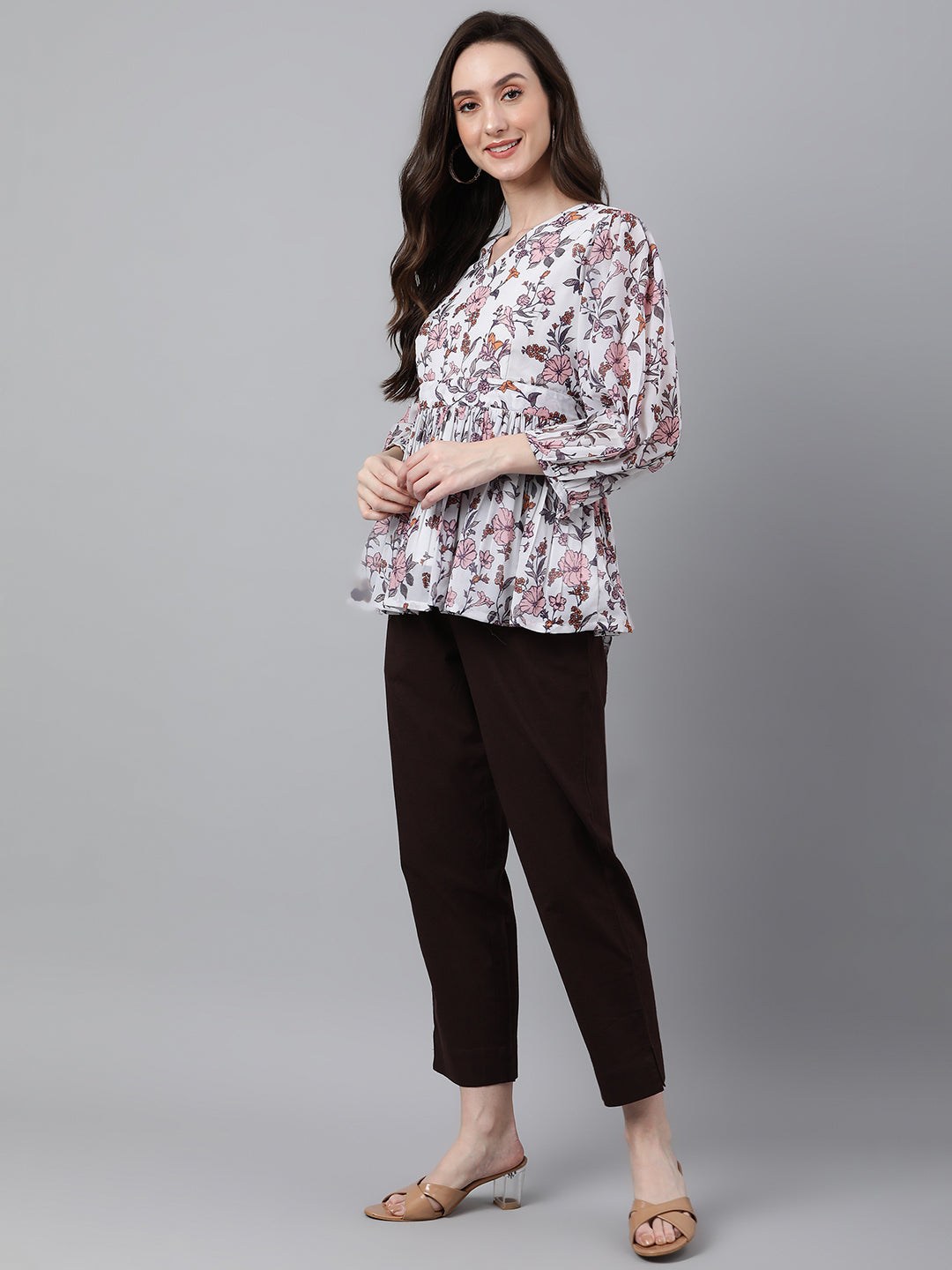 White Georgette Floral Print Peplum Top Janasya