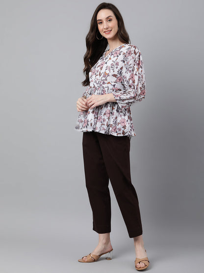 White Georgette Floral Print Peplum Top Janasya