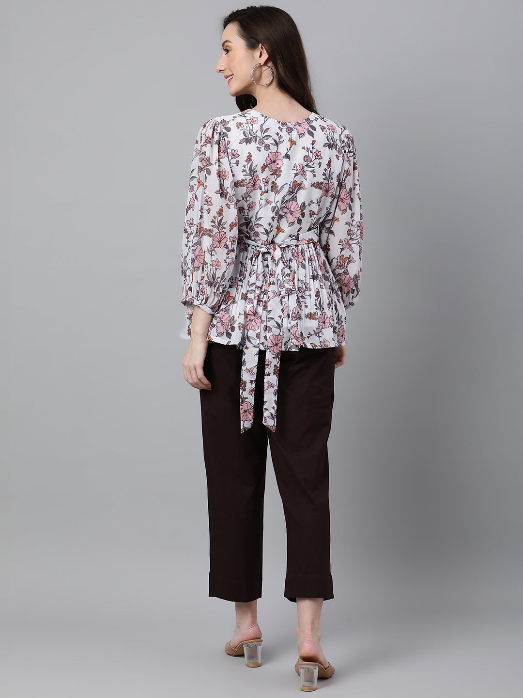 White Georgette Floral Print Peplum Top Janasya