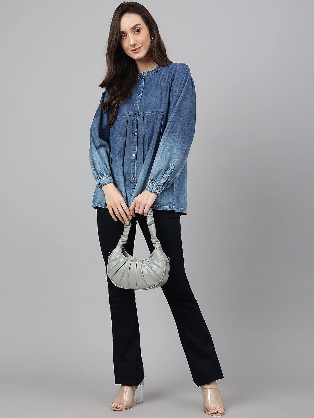 Blue Denim Faded Flared Top Janasya