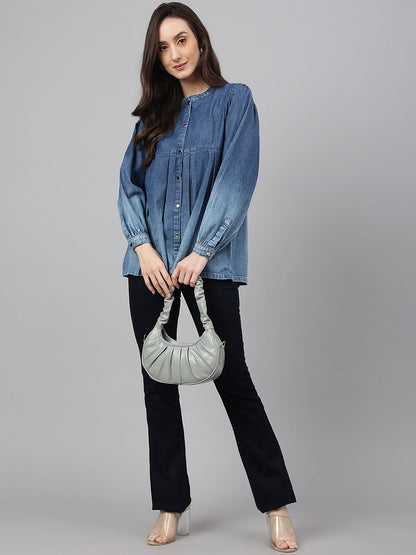 Blue Denim Faded Flared Top Janasya