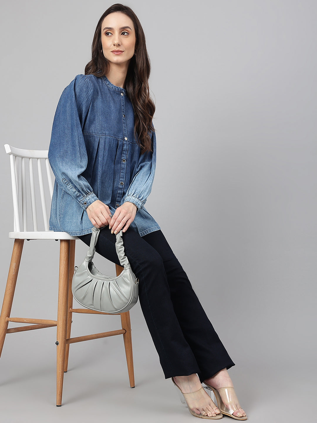 Blue Denim Faded Flared Top Janasya